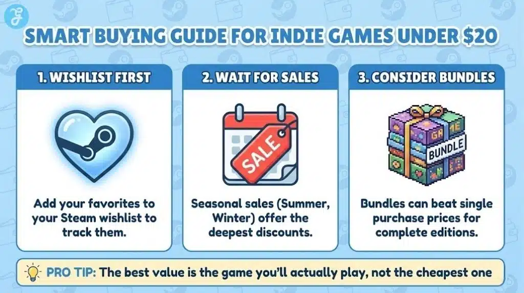 An actionable buying guide infographic for Steam indie games, advising users to wishlist games, wait for seasonal sales, and consider bundles for the best value.