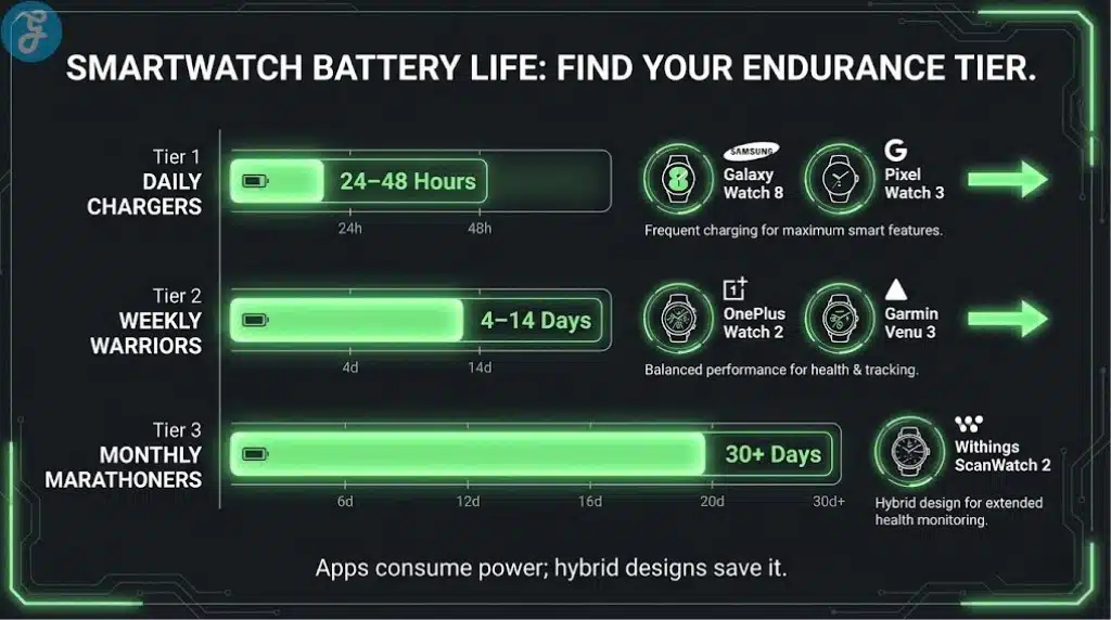 A comparison infographic showing the battery life tiers for popular Android-compatible smartwatches, from daily chargers to monthly marathoners.