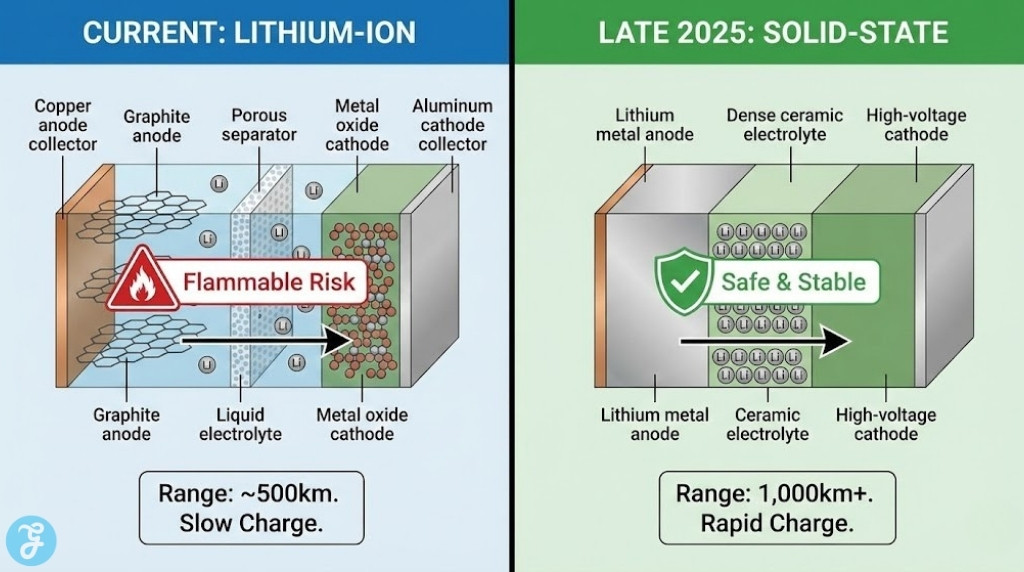 Cross-section comparison diagram showing the internal structure and benefits of a solid-state battery versus a traditional lithium-ion battery.