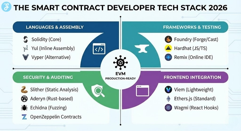 A 16:9 quadrant-based infographic titled "The Smart Contract Developer Tech Stack 2026." It is divided into four sections: Languages & Assembly (Solidity, Yul), Frameworks & Testing (Foundry, Hardhat), Security & Auditing (Slither, Aderyn), and Frontend Integration (Viem, Ethers.js), with a central hub labeled "EVM Production-Ready."