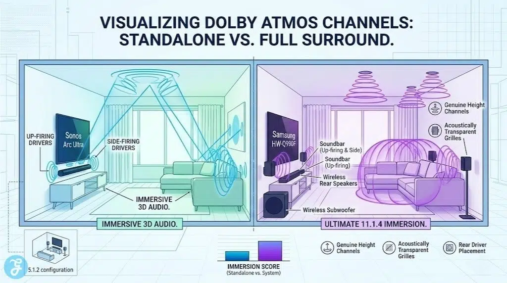 Infographic visually comparing a standalone Dolby Atmos soundbar (5.1.2) vs. a full surround sound system (11.1.4) in a living room, illustrating how up-firing drivers create a vertical height channel.