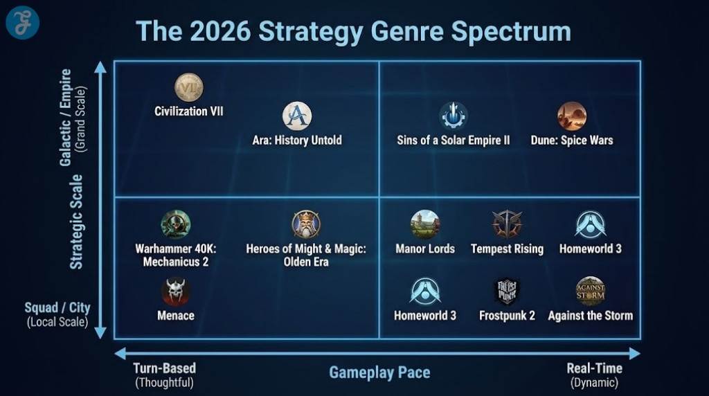 A visual matrix infographic titled 'The 2026 Strategy Genre Spectrum', plotting games like Civilization VII, Sins of a Solar Empire II, and Manor Lords based on their Strategic Scale (Galactic vs. Squad) and Gameplay Pace (Turn-Based vs. Real-Time).