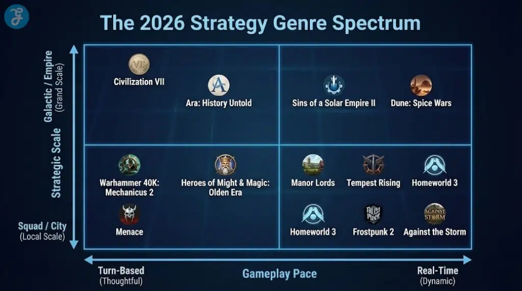 A visual matrix infographic titled 'The 2026 Strategy Genre Spectrum', plotting games like Civilization VII, Sins of a Solar Empire II, and Manor Lords based on their Strategic Scale (Galactic vs. Squad) and Gameplay Pace (Turn-Based vs. Real-Time).