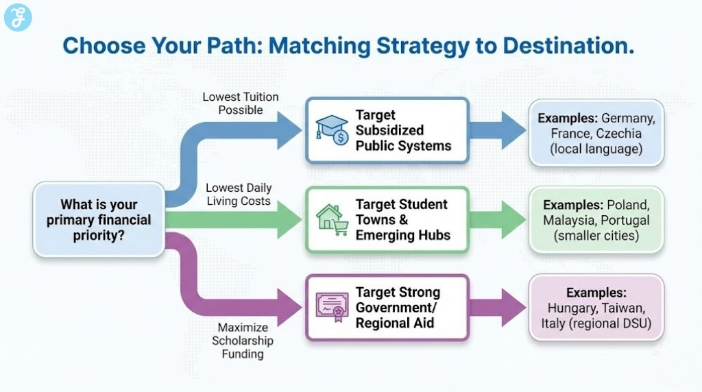 A flowchart titled "Choose Your Path: Matching Strategy to Destination". A starting node "Primary Financial Priority" branches into three paths: "Lowest Tuition" pointing to Germany/France, "Lowest Living Costs" pointing to Poland/Malaysia, and "Maximize Scholarships" pointing to Hungary/Taiwan.