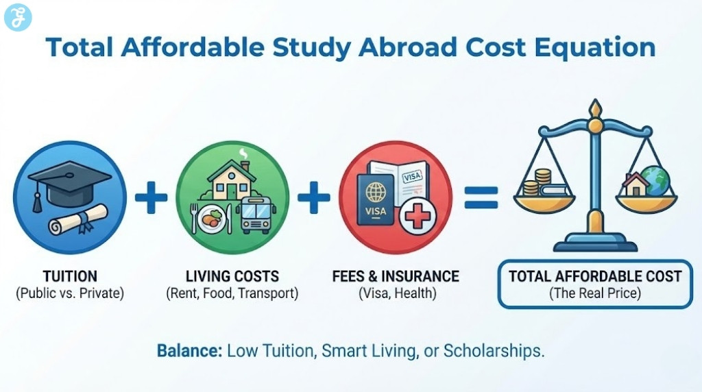 A visual equation infographic titled "Total Affordable Study Abroad Cost Equation". Three icons representing Tuition, Living Costs, and Fees are added together to equal a balanced scale labeled "TOTAL AFFORDABLE COST", with the tagline "Balance: Low Tuition, Smart Living, or Scholarships."