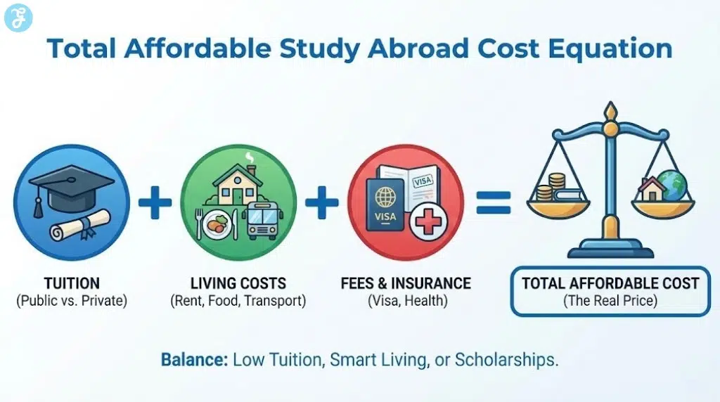 A visual equation infographic titled "Total Affordable Study Abroad Cost Equation". Three icons representing Tuition, Living Costs, and Fees are added together to equal a balanced scale labeled "TOTAL AFFORDABLE COST", with the tagline "Balance: Low Tuition, Smart Living, or Scholarships."
