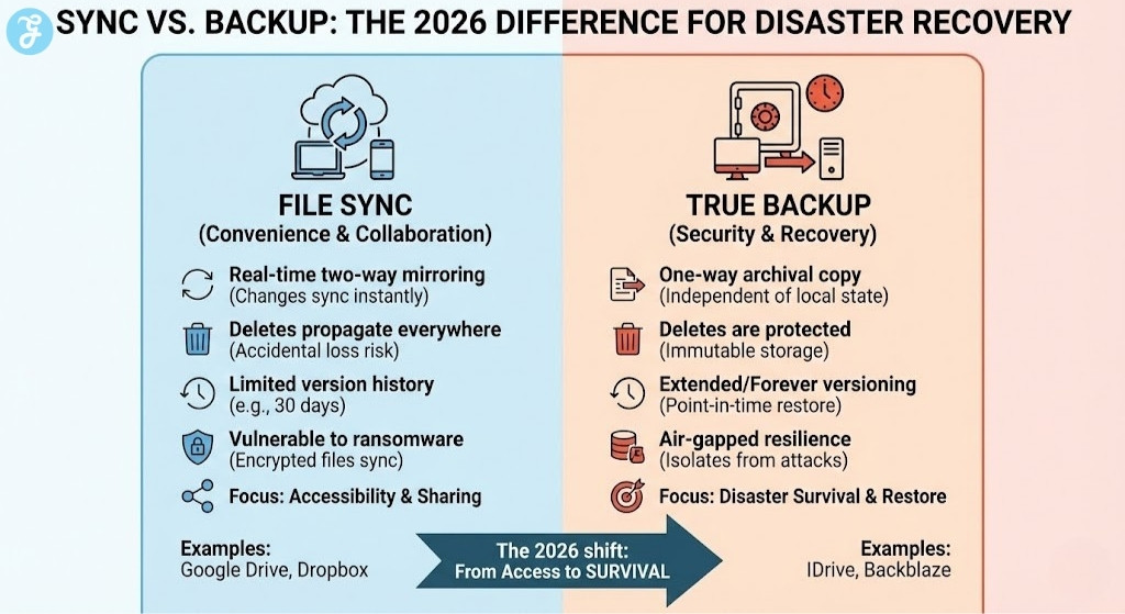A 16:9 comparison infographic titled "Sync vs. Backup: The 2026 Difference for Disaster Recovery." The left column, "File Sync," shows features like real-time mirroring and vulnerability to ransomware. The right column, "True Backup," shows one-way archival, immutable storage, and air-gapped resilience, with examples like IDrive and Backblaze.