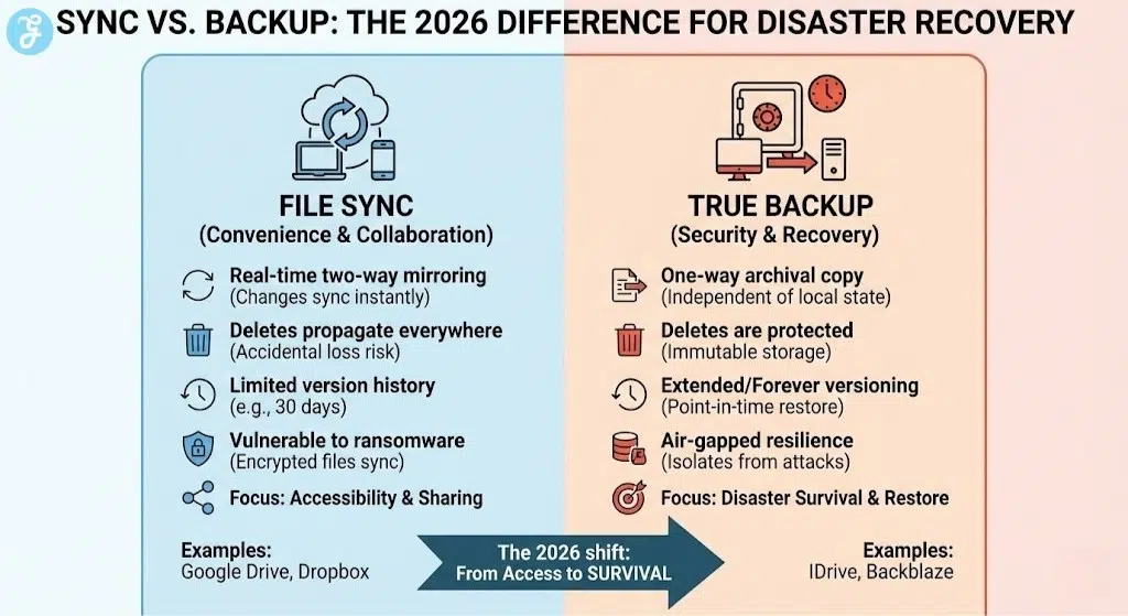 A 16:9 comparison infographic titled "Sync vs. Backup: The 2026 Difference for Disaster Recovery." The left column, "File Sync," shows features like real-time mirroring and vulnerability to ransomware. The right column, "True Backup," shows one-way archival, immutable storage, and air-gapped resilience, with examples like IDrive and Backblaze.