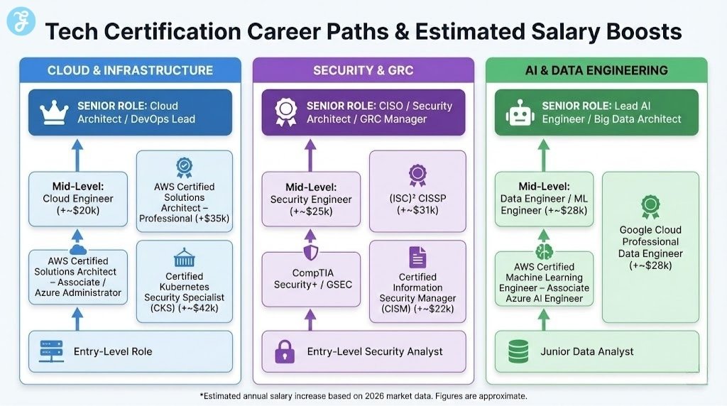 Infographic showing tech certification career paths and estimated salary boosts for Cloud, Security, and AI roles, detailing progression from entry-level to senior positions.