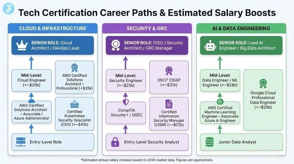 Infographic showing tech certification career paths and estimated salary boosts for Cloud, Security, and AI roles, detailing progression from entry-level to senior positions.
