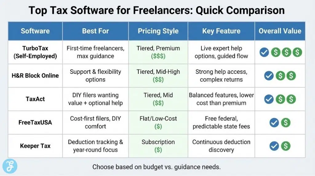 A detailed comparison chart listing the best tax software for freelancers like TurboTax, H&R Block, and FreeTaxUSA. It compares pricing styles, best use cases, and key features like deduction tracking and live expert help to determine overall value.