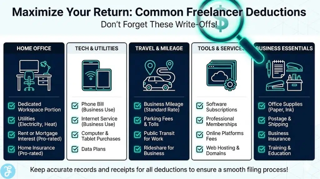 A visual checklist infographic titled "Maximize Your Return" highlighting common freelancer tax deductions. Categories include Home Office, Tech & Utilities, and Travel, featuring icons for write-offs like mileage, phone bills, and software subscriptions.