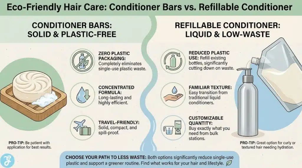 Split-screen infographic comparing Conditioner Bars (Solid & Plastic-Free) vs. Refillable Conditioner (Liquid & Low-Waste). Icons detail benefits like zero plastic, travel-friendliness for bars, and familiar texture for liquid refills.