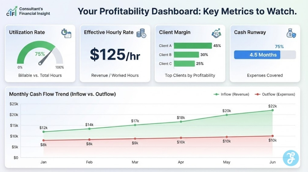 A financial dashboard infographic titled "Your Profitability Dashboard," visualizing key performance indicators for consulting businesses, including Utilization Rate gauge, Effective Hourly Rate, Client Margin comparison, Cash Runway, and a Monthly Cash Flow trend graph.