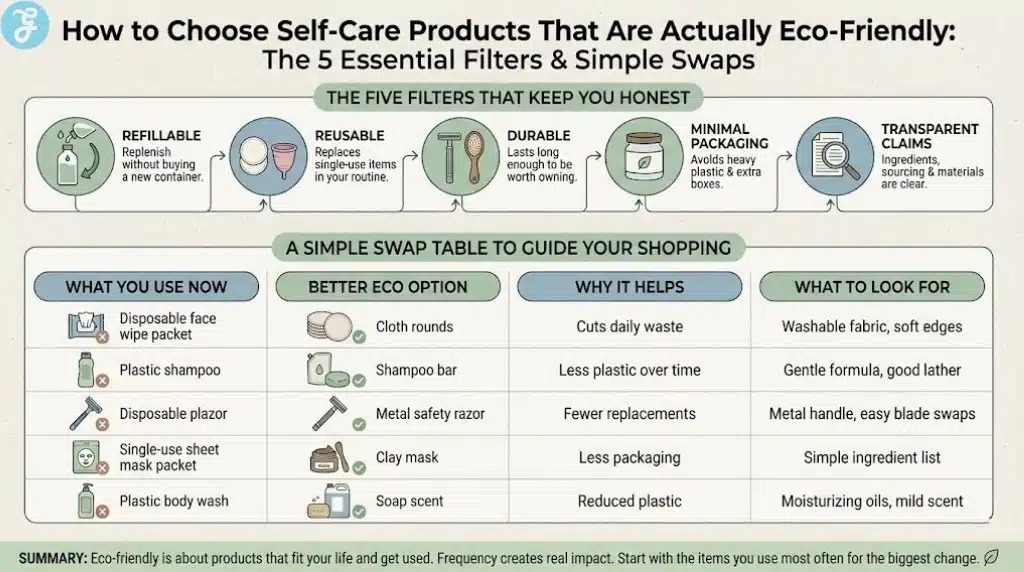 Infographic displaying "The 5 Essential Filters" for sustainable products (Refillable, Reusable, Durable, Minimal Packaging, Transparent Claims) and a "Simple Swap Table" comparing disposable items like face wipes and plastic razors to eco-friendly alternatives.