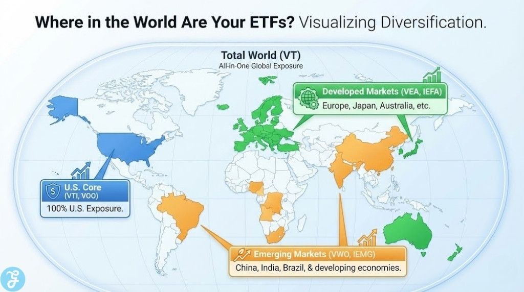 A stylized world map titled "Where in the World Are Your ETFs?" highlighting geographic coverage. It marks North America for U.S. Core (VTI), Europe/Pacific for Developed Markets (VEA), and Asia/South America for Emerging Markets (VWO), with a global circle for Total World (VT)