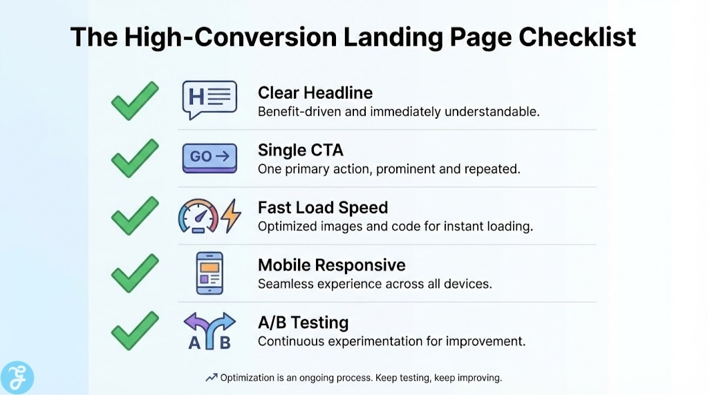 An infographic titled "The High-Conversion Landing Page Checklist" detailing five essential optimization elements with green checkmarks: Clear Headline, Single CTA, Fast Load Speed, Mobile Responsiveness, and A/B Testing.