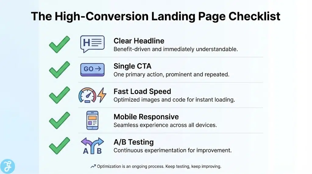 An infographic titled "The High-Conversion Landing Page Checklist" detailing five essential optimization elements with green checkmarks: Clear Headline, Single CTA, Fast Load Speed, Mobile Responsiveness, and A/B Testing.