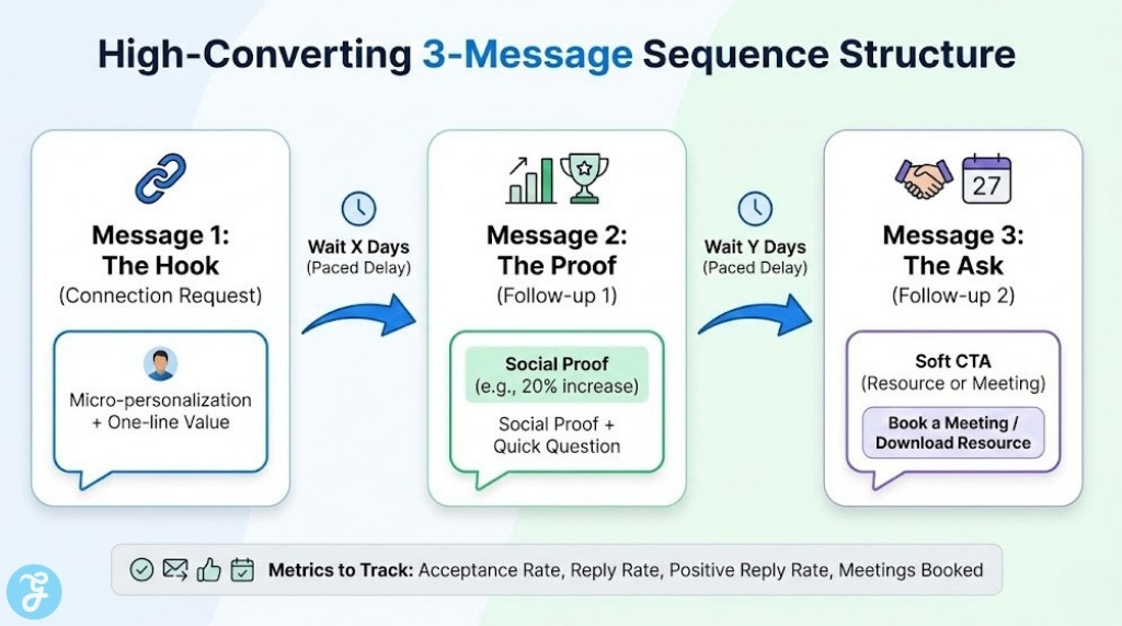 A linear timeline infographic titled "High-Converting 3-Message Sequence Structure," detailing a three-step automated outreach flow with paced delays between "Message 1: The Hook," "Message 2: The Proof," and "Message 3: The Ask," including key components for each message.