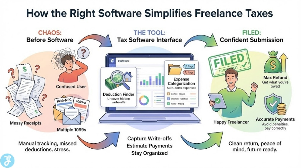 An illustrated workflow showing how tax software simplifies freelance taxes. It depicts the transition from messy receipts and multiple 1099s to using a digital deduction finder, resulting in a confident, accurate tax submission.