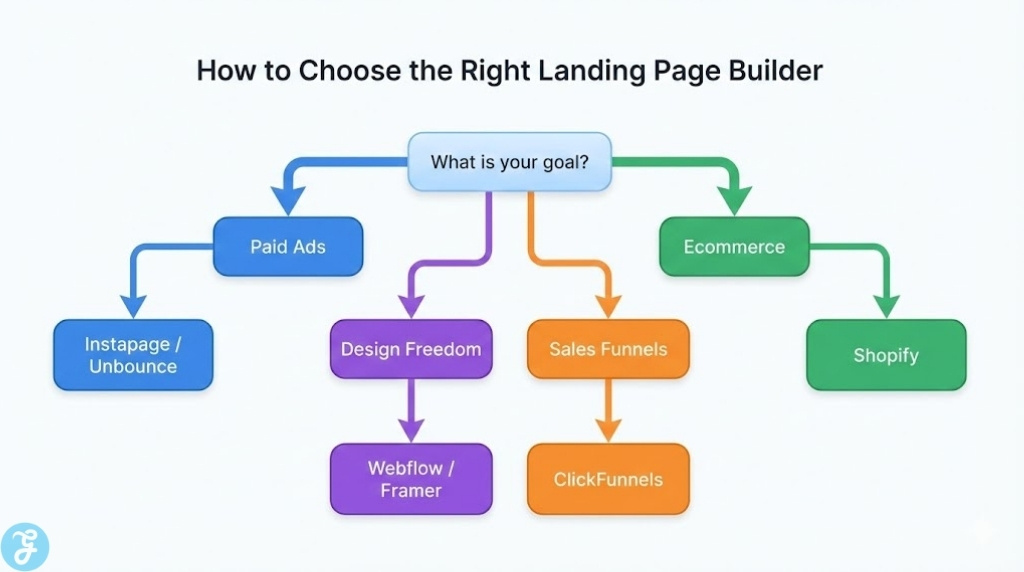 A decision tree infographic titled "How to Choose the Right Landing Page Builder," guiding users from primary goals like "Paid Ads" or "Ecommerce" to specific tool recommendations such as Instapage, Webflow, or Shopify.