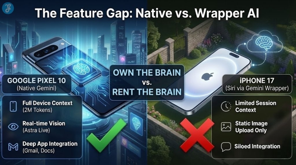 Infographic comparison titled 'The Feature Gap: Native vs. Wrapper AI'. The left panel shows a Google Pixel 10 phone with a glowing brain chip, labeled 'GOOGLE PIXEL 10 (Native Gemini)' with features: 'Full Device Context (2M Tokens)', 'Real-time Vision (Astra Live)', and 'Deep App Integration (Gmail, Docs)'. A large green checkmark is at the bottom. The right panel shows an iPhone 17 with a brain icon in a cloud above it, labeled 'iPHONE 17 (Siri via Gemini Wrapper)' with features: 'Limited Session Context', 'Static Image Upload Only', and 'Siloed Integration (iMessage/Calendar)'. A large red 'X' is at the bottom. Central text reads 'OWN THE BRAIN vs. RENT THE BRAIN'.