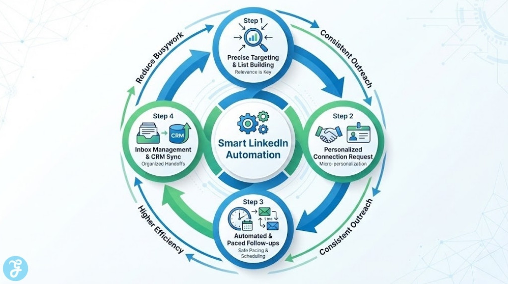 A circular infographic diagram titled "Smart LinkedIn Automation," illustrating a four-step cyclical process: Precise Targeting & List Building, Personalized Connection Request, Automated & Paced Follow-ups, and Inbox Management & CRM Sync, surrounding a central hub.