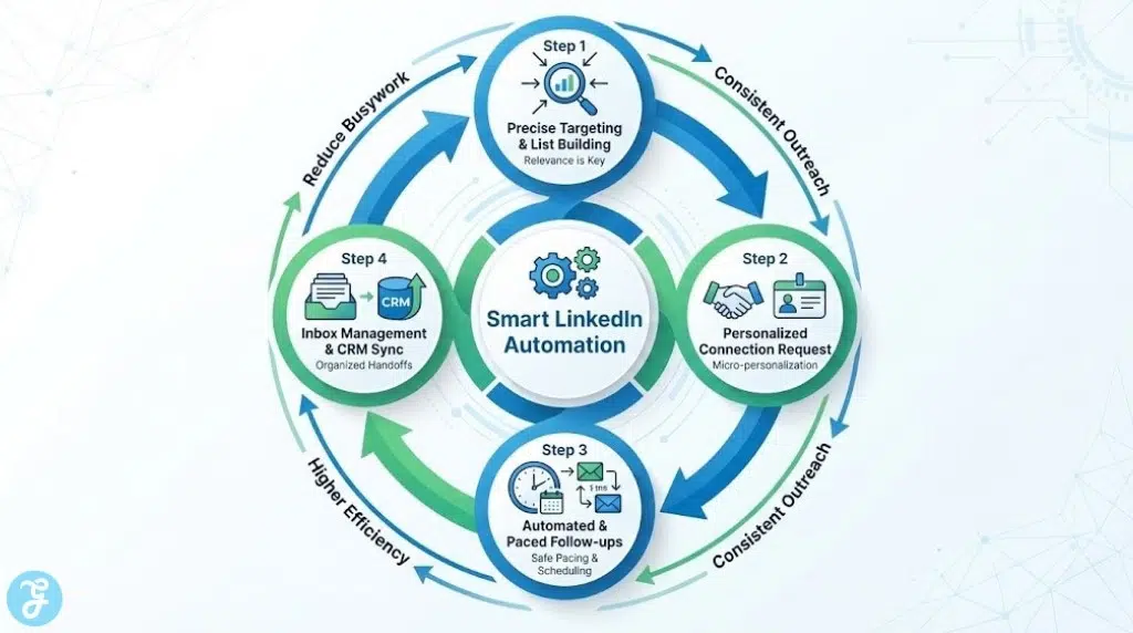 A circular infographic diagram titled "Smart LinkedIn Automation," illustrating a four-step cyclical process: Precise Targeting & List Building, Personalized Connection Request, Automated & Paced Follow-ups, and Inbox Management & CRM Sync, surrounding a central hub.