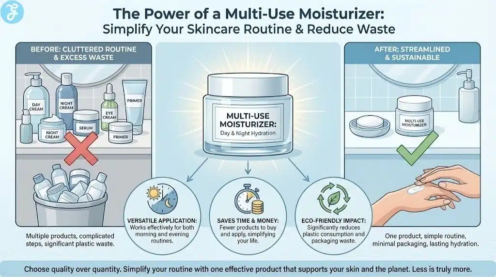 Visual comparison showing "Before" (cluttered bathroom counter with multiple products) and "After" (streamlined routine with one Multi-Use Moisturizer). Highlights benefits like versatile day/night application, cost savings, and reduced plastic waste.
