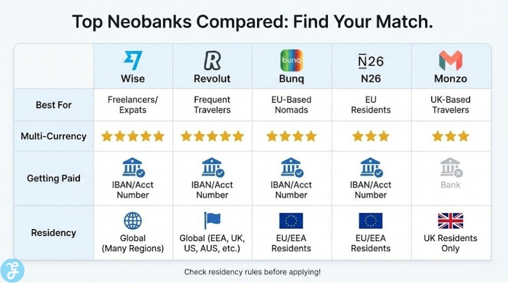 A comparison table titled "Top Neobanks Compared" listing features for Wise, Revolut, Bunq, N26, and Monzo. Rows highlight "Best For" use cases (like freelancers or EU expats), multi-currency ratings, and residency requirements using flag icons.