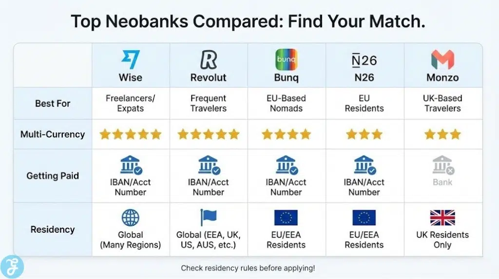 A comparison table titled "Top Neobanks Compared" listing features for Wise, Revolut, Bunq, N26, and Monzo. Rows highlight "Best For" use cases (like freelancers or EU expats), multi-currency ratings, and residency requirements using flag icons.