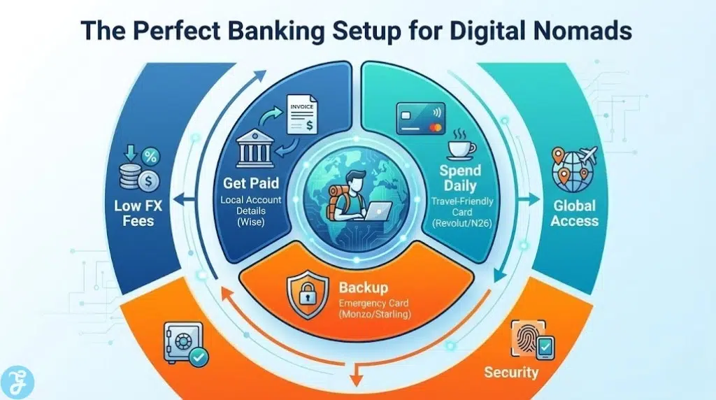 A circular diagram illustrating "The Perfect Banking Setup" for digital nomads. It features a central globe surrounded by three essential functions: "Get Paid" using local account details (Wise), "Spend Daily" using travel cards (Revolut/N26), and "Backup" using emergency cards (Monzo/Starling).