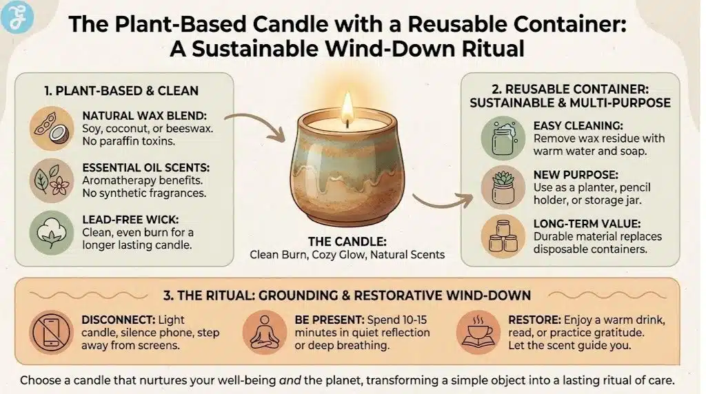 Illustration of a plant-based candle explaining the "Sustainable Wind-Down Ritual." Steps include choosing clean ingredients (soy/coconut wax), reusing the container as a planter or storage, and using the candle to disconnect and restore.