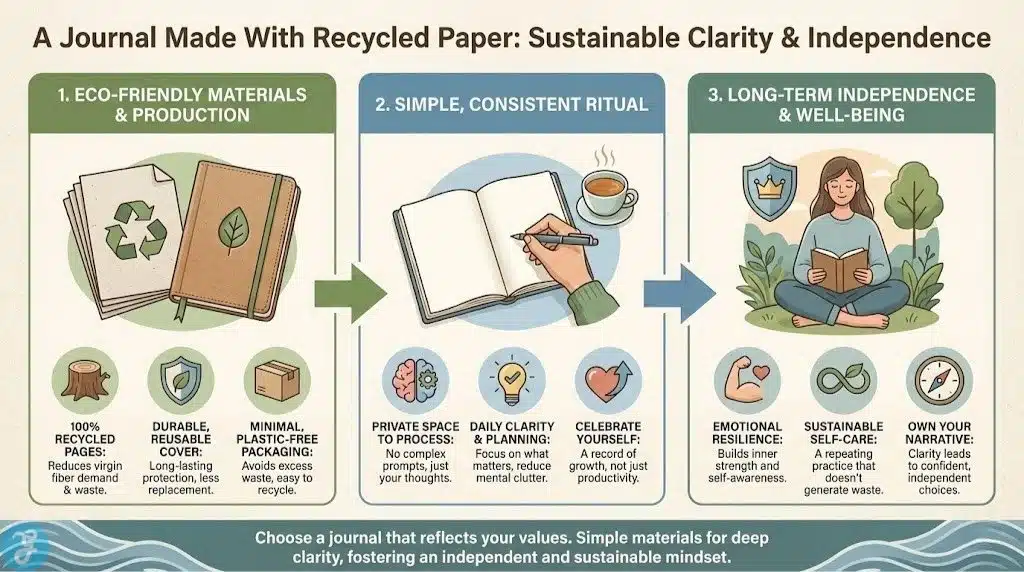 Infographic titled "A Journal Made With Recycled Paper" connecting eco-friendly materials (100% recycled pages) to mental well-being. Sections cover the simple ritual of writing for daily clarity and building emotional resilience through independent reflection.