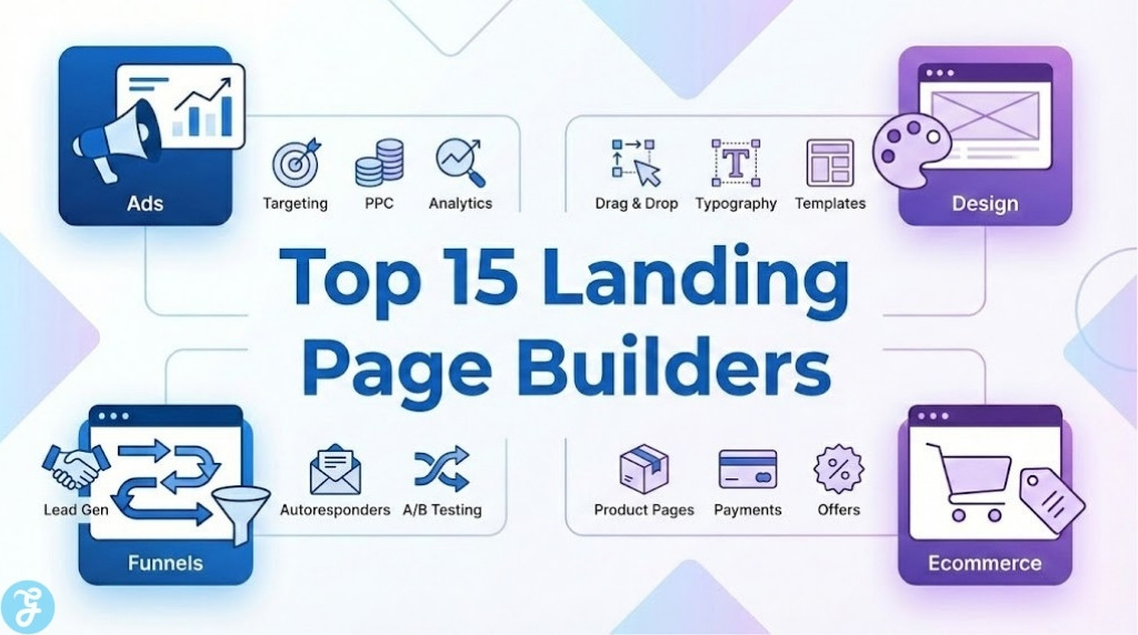 infographic titled "Top 15 Landing Page Builders" displaying categorized interface icons for ad campaigns, design freedom, sales funnels, and ecommerce conversion tools.