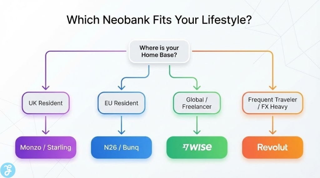 A flowchart infographic titled "Which Neobank Fits Your Lifestyle?" guiding users to the right bank. Paths start from "Home Base" (UK, EU, Global, or Frequent Traveler) and lead to specific recommendations like Monzo, N26, Wise, or Revolut based on the user's situation.