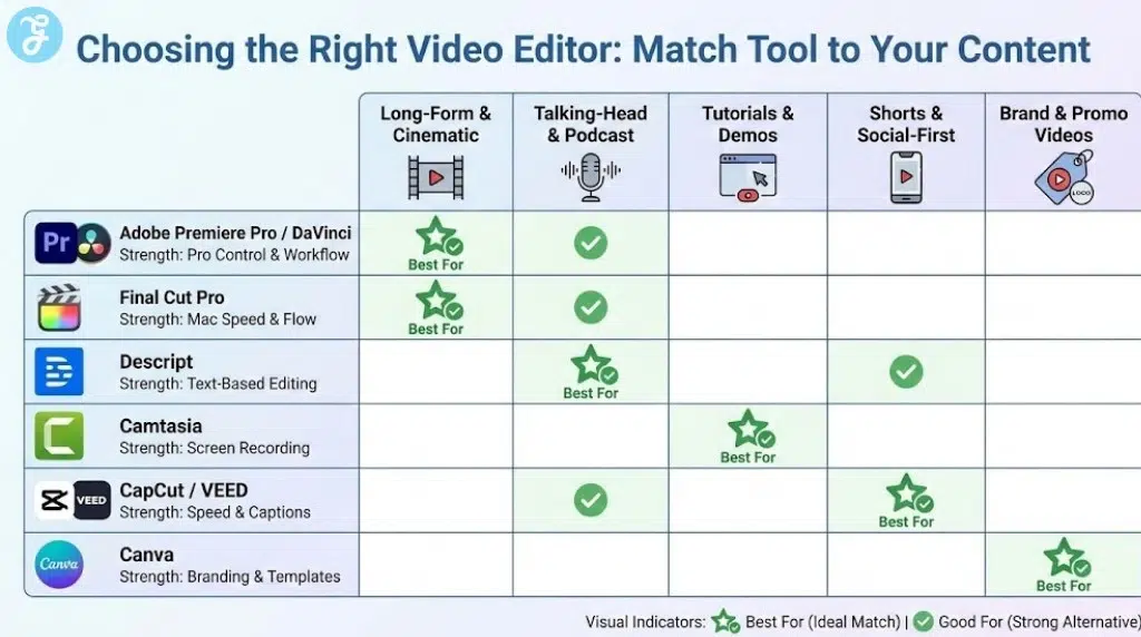 A matrix infographic titled "Choosing the Right Video Editor: Match Tool to Your Content," comparing software like Premiere Pro, Final Cut Pro, and CapCut against primary content types (Long-Form, Talking-Head, Tutorials, Shorts, Brand Videos), using visual indicators to show the best matches.