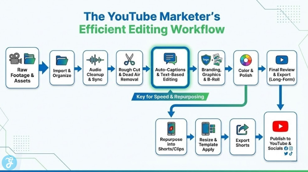 A flowchart infographic titled "The YouTube Marketer's Efficient Editing Workflow," showing the video production pipeline from "Raw Footage" to "Publish to YouTube." It highlights "Auto-Captions & Text-Based Editing" as a key step for speed and includes a branching path for repurposing content into Shorts.
