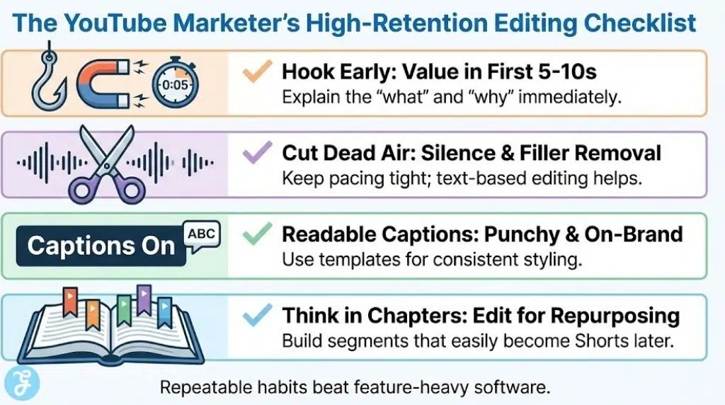 A visual checklist infographic titled "The YouTube Marketer's High-Retention Editing Checklist," featuring four key tips with corresponding icons: Hook Early (magnet), Cut Dead Air (scissors), Readable Captions (text box), and Think in Chapters (book).