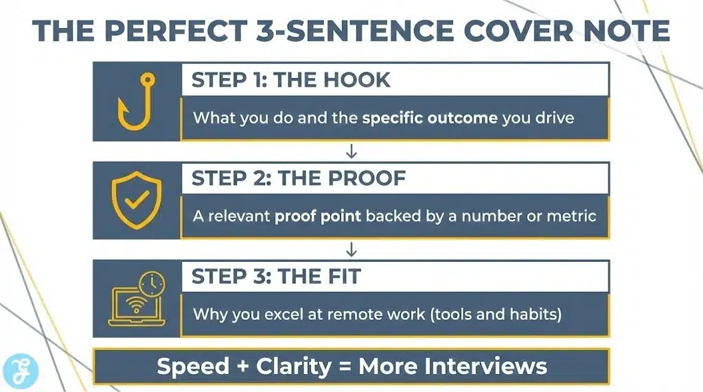 An infographic template for a 3-sentence remote job cover note, focusing on outcomes, proof points, and remote work readiness.