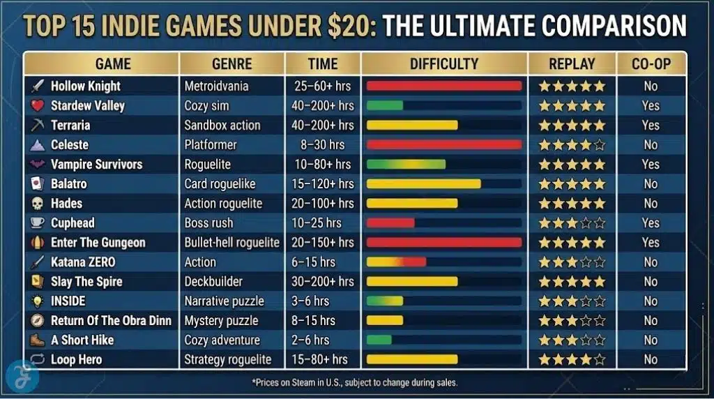 A detailed comparison table infographic of the 15 best indie games under $20 on Steam, listing their genre, estimated playtime, difficulty level, replay value, and co-op status. 2. Find Your Perfect Indie Match: A Decision Flowchart