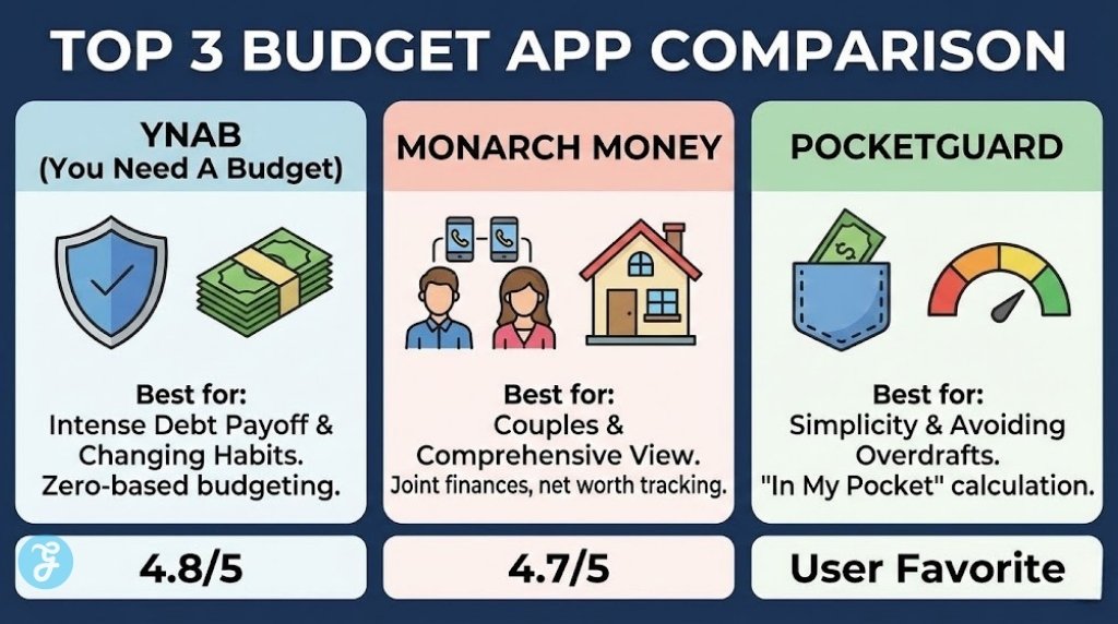 Infographic header titled '2026 Best Budget Apps That Sync With Your Bank'. It shows a central smartphone with a financial dashboard, connected by glowing lines to multiple bank buildings. Text below highlights benefits: 'Real-Time Tracking. Automated Categorization. Financial Clarity.'