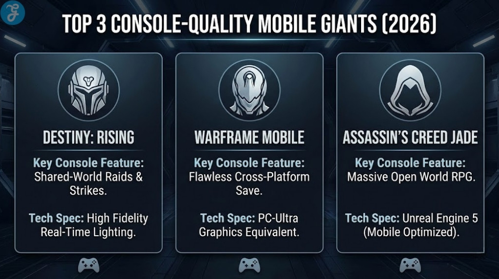 Infographic comparison of the top three console-quality mobile games of 2026: Destiny: Rising (Shared-World Raids, High Fidelity Lighting), Warframe Mobile (Flawless Cross-Platform Save, PC-Ultra Graphics), and Assassin's Creed Jade (Massive Open World RPG, Unreal Engine 5).
