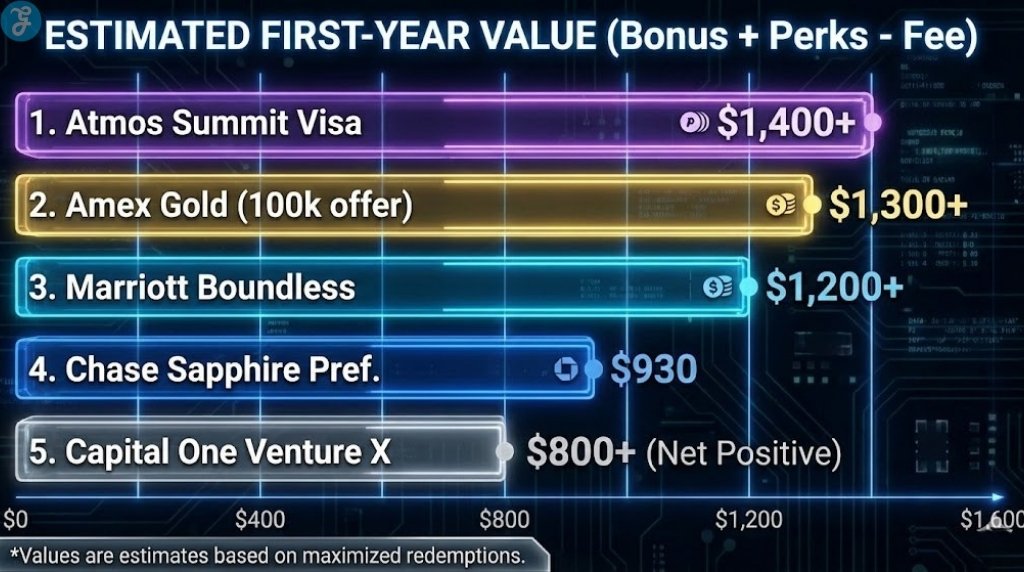 Bar chart ranking the top 5 credit card bonuses of January 2026 by their estimated total first-year monetary value.