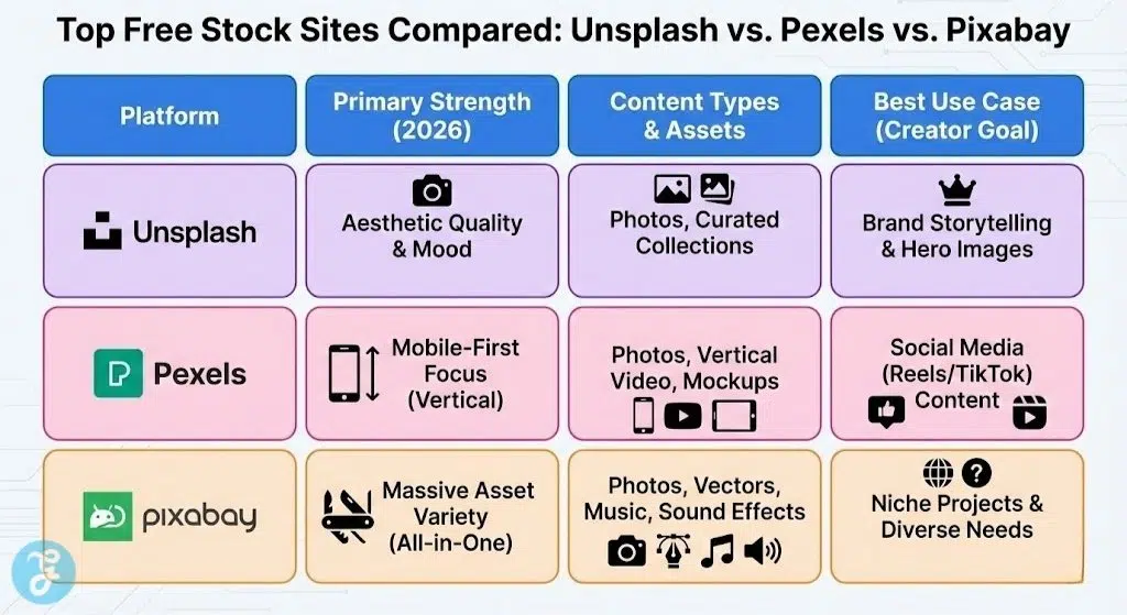 A comparison table titled 'Top Free Stock Sites Compared: Unsplash vs. Pexels vs. Pixabay', contrasting the primary strengths, content types, and best creator goals for each platform, including brand storytelling, social media video, and niche project needs.