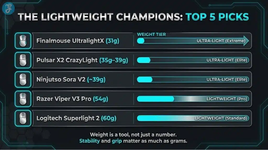 A comparison table infographic showcasing the weight and performance tiers of the top 5 lightweight FPS gaming mice mentioned in the article.