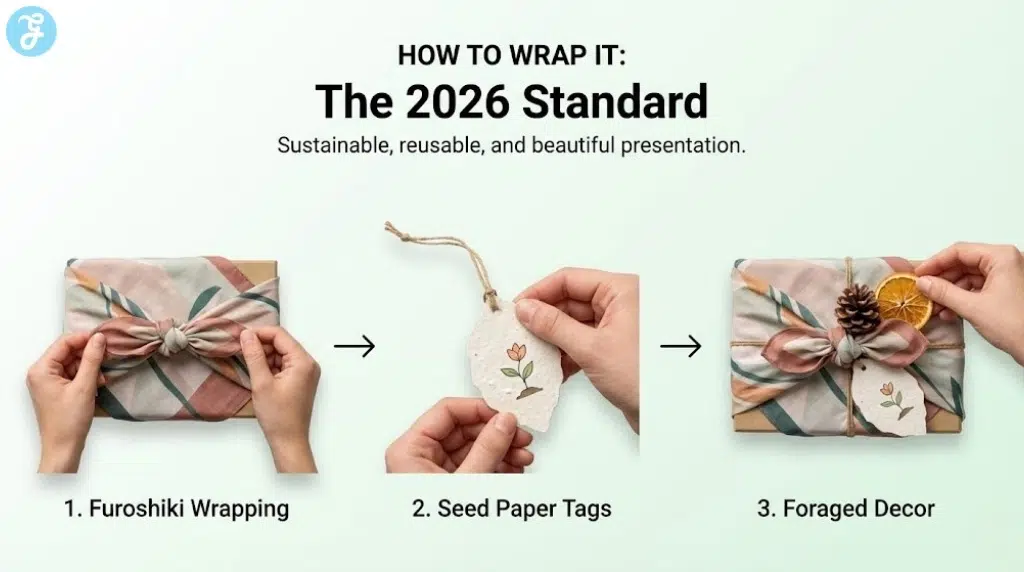An infographic titled "Top Sustainable Gift Categories" showcasing three eco-friendly products: a Lomi countertop composter for kitchen innovation, a stainless steel Leaf Shave razor for zero-waste self-care, and a green Pela compostable phone case for eco-tech accessories.