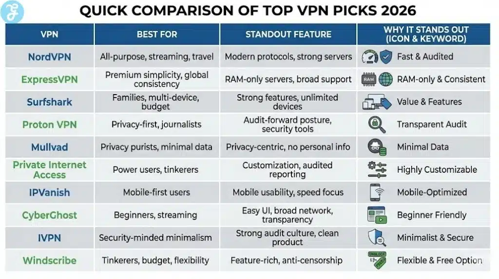A comparison table infographic listing ten top VPN services for 2026, detailing their best use cases, standout features, and a key reason why each one stands out, with corresponding icons.