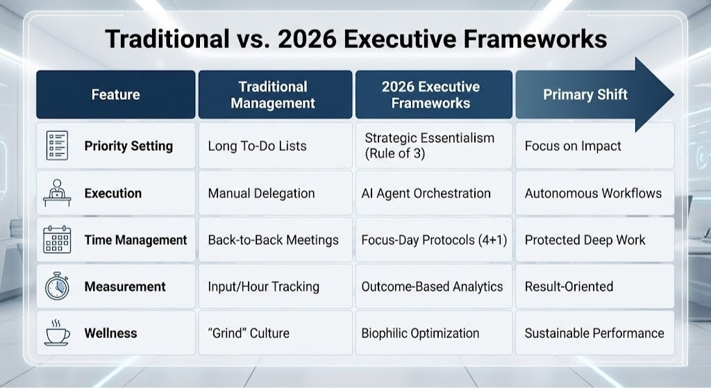 A comparison table showing the evolution from traditional management to 2026 executive productivity frameworks, focusing on shifts in priority setting, execution, and time management.