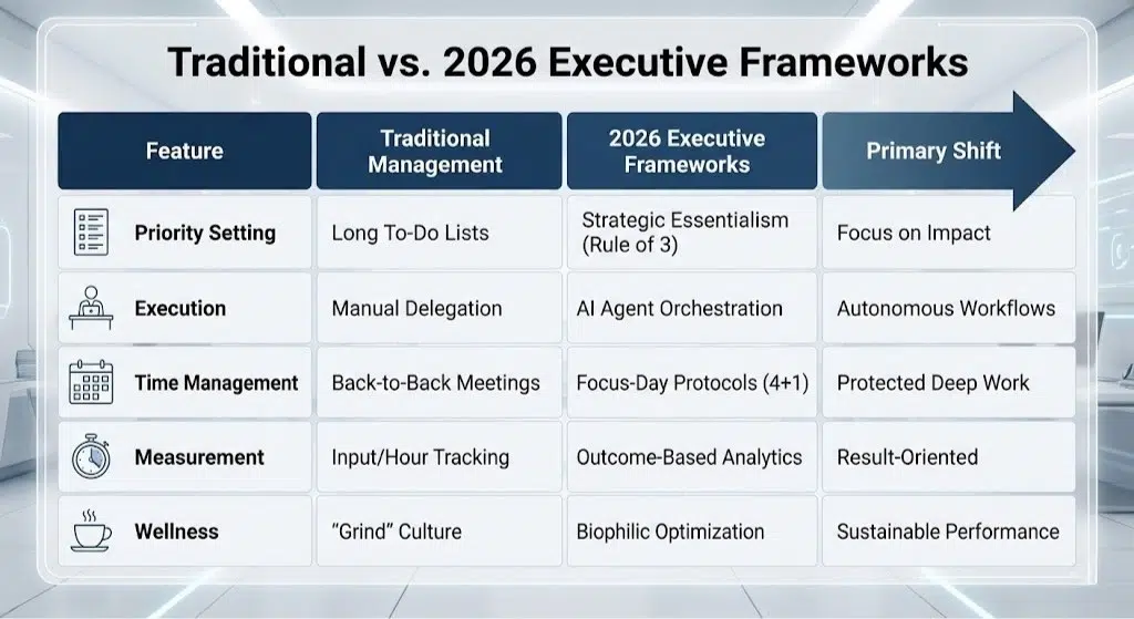 A comparison table showing the evolution from traditional management to 2026 executive productivity frameworks, focusing on shifts in priority setting, execution, and time management.